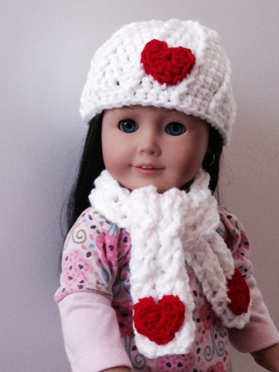 Handmade crochet white hat and scarf with red Hearst for American girl